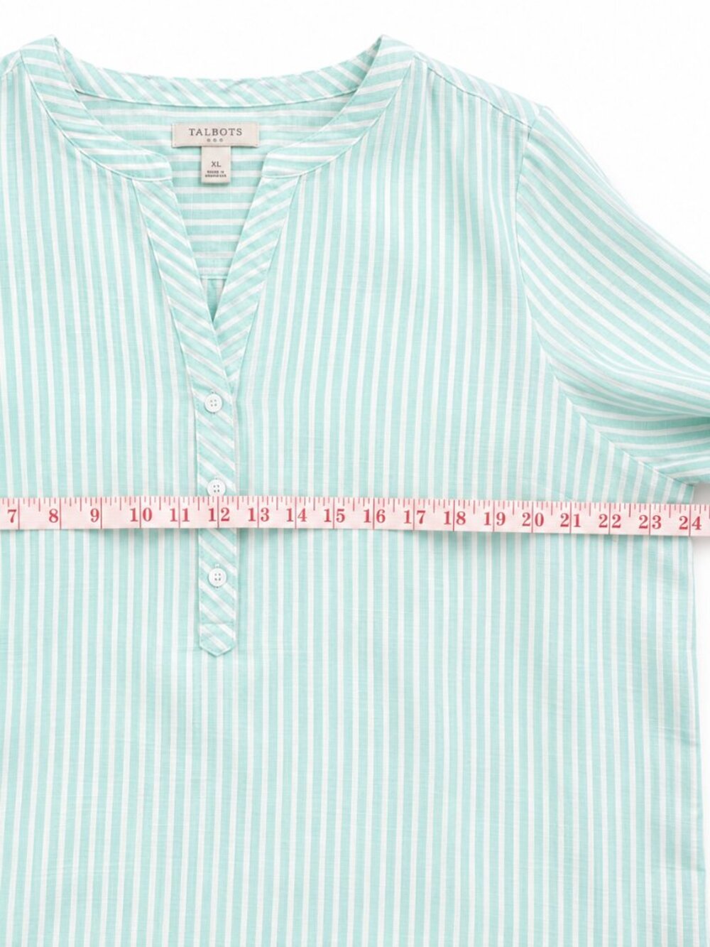 TALBOTS LINEN BLEND SHIRT XL WHITE/MINT GREEN STRIPED ROLL TAB COASTAL BREEZY - Picture 7 of 12